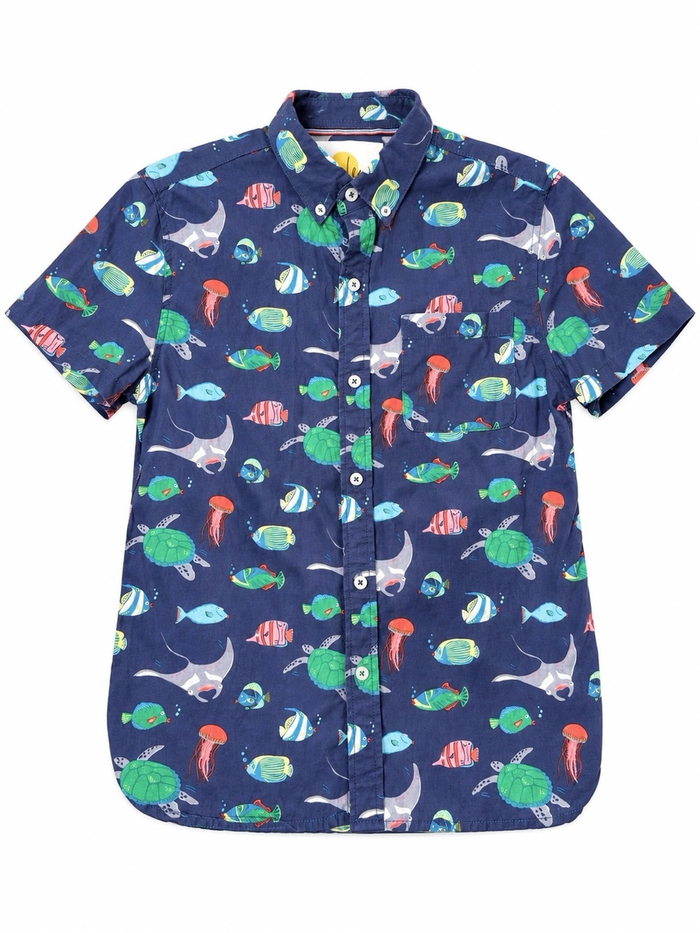 Boden Boys 11-12Y Navy Ocean Sea Life Linen Cotton Button Up Shirt